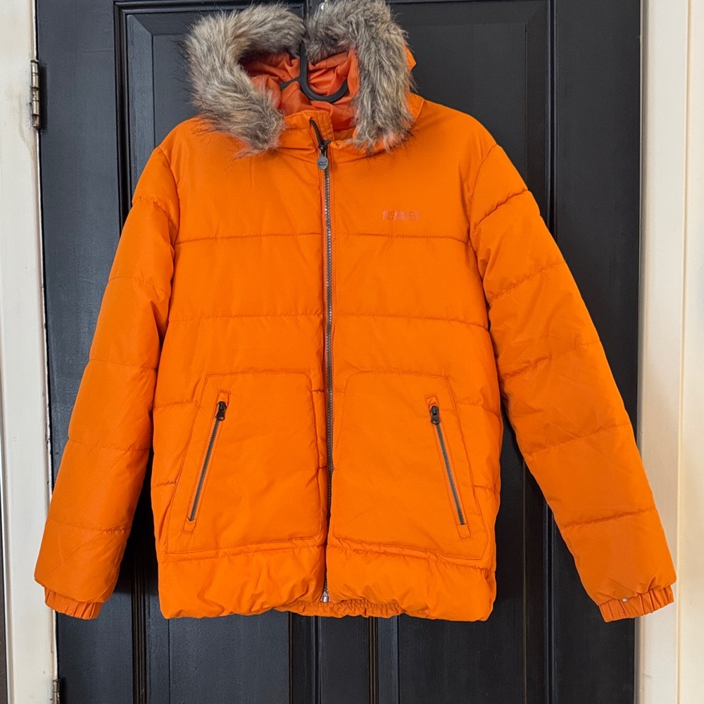 Bright Orange women Faux Fur Trim Puffer Jacket
